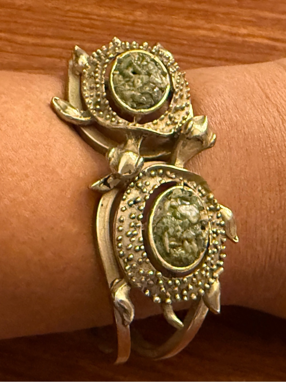Vintage  Green Jadeite  Turtle Hinged Cuff Bracelet
